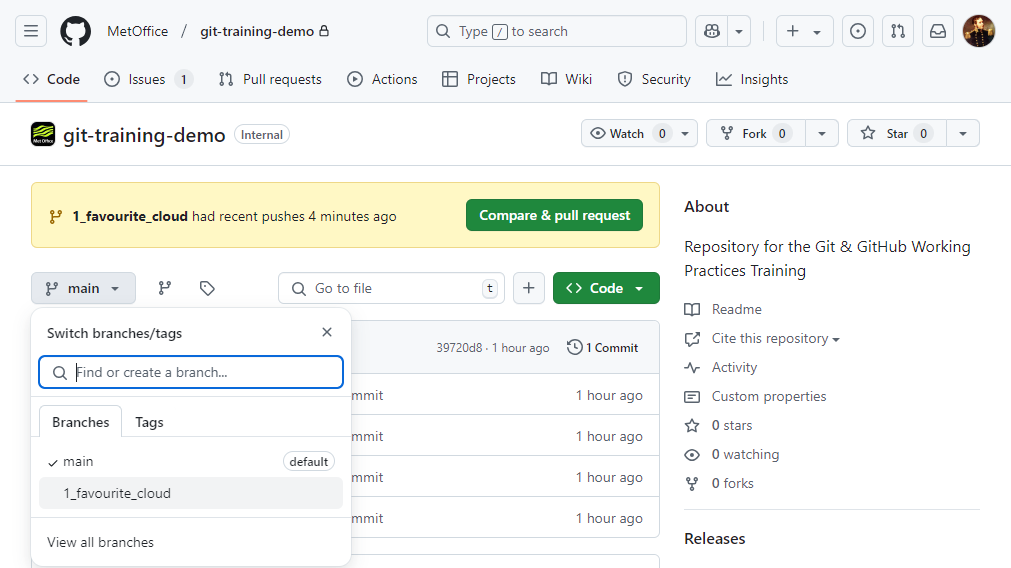A screenshot of the GitHub weather repository showing the branch selection dropdown.