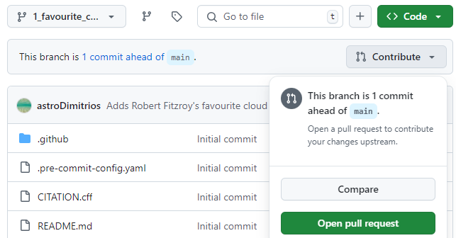 A screenshot of the GitHub weather repository showing code view for the 1_favourite_cloud branch. The Contribute dropdown is expanded to show the Open pull request option.
