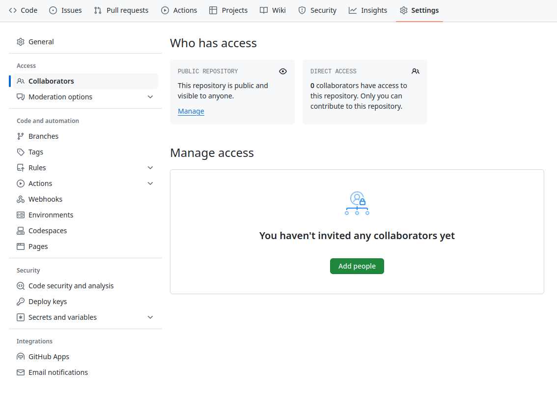 A screenshot of the GitHub Collaborators settings page, which is accessed by clicking "Settings" then "Collaborators".
