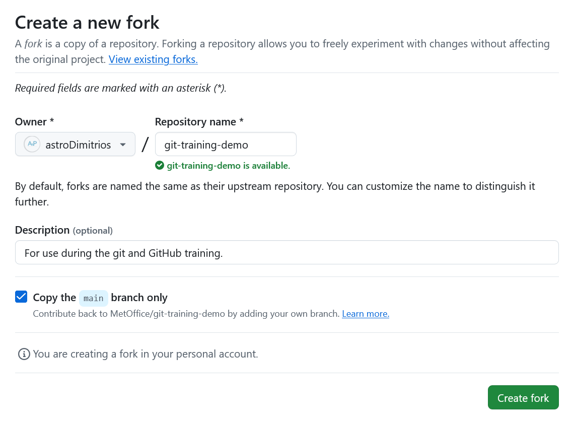 A screenshot of the GitHub Create a new fork page.