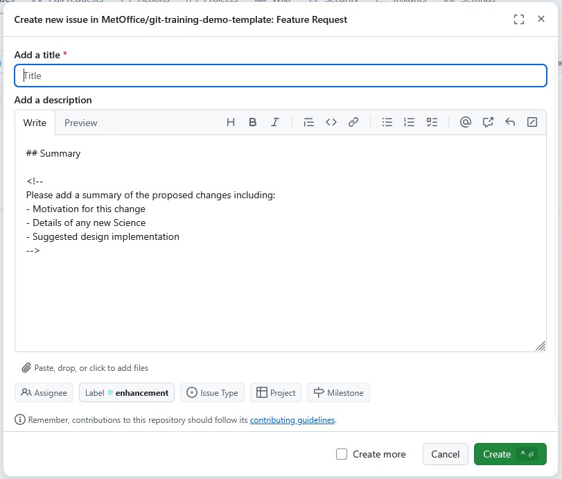 A screenshot of the git-training-demo repository showing an Issue being opened. The template has automatically added text to the description and labelled the Issue as an enhancement.