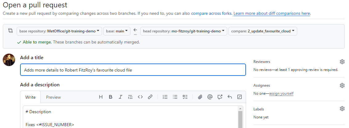 A screenshot of a user opening a pull request from their fork back to the upstream git-training-demo repository. The description has been autofilled with the pull request template contents.