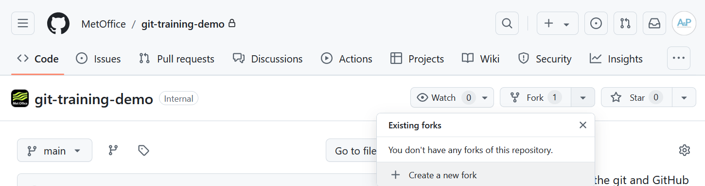 A screenshot of the git-training-demo repository showing the fork dropdown with the Create a new fork button.