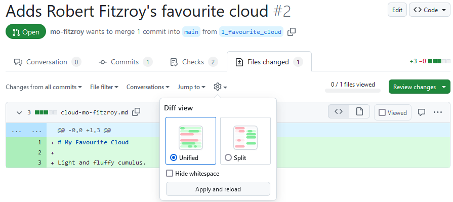 A screenshot of a PR showing the diff in the Files changed tab. The cog dropdown has been clicked to show how to change the diff view between Unified and Split.