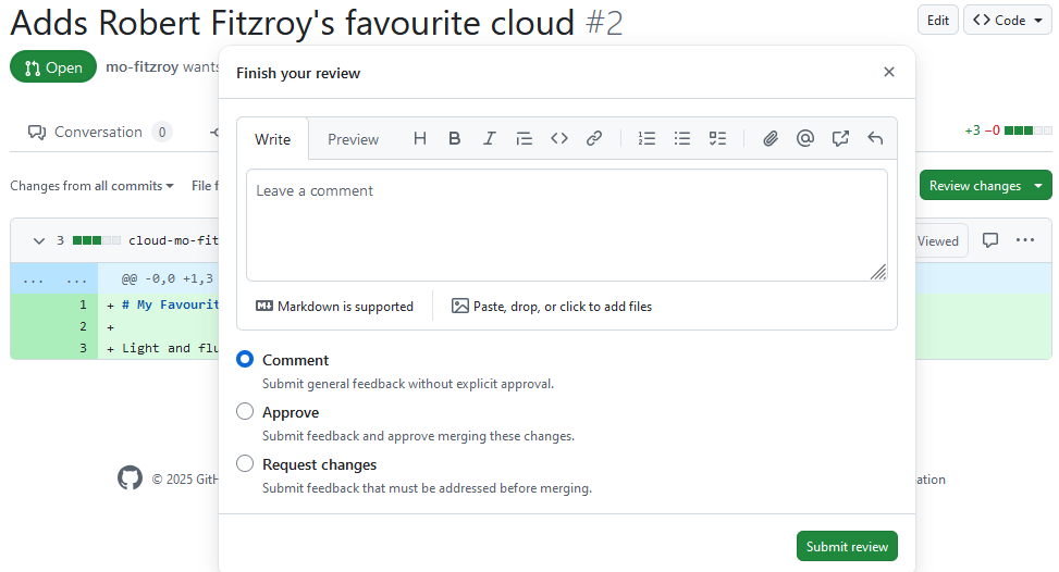 A screenshot of a PR showing the diff in the Files changed tab. The Review changes button has been clicked to show the Review popup.