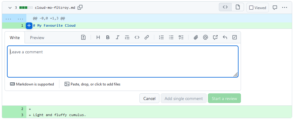 A screenshot of a PR showing the diff in the Files changed tab. A line has been highlighted to show how to add an inline comment.