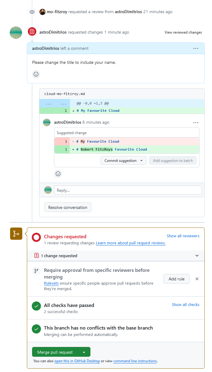 A screenshot of a PR showing the Conversation tab with a review that has requested changes.