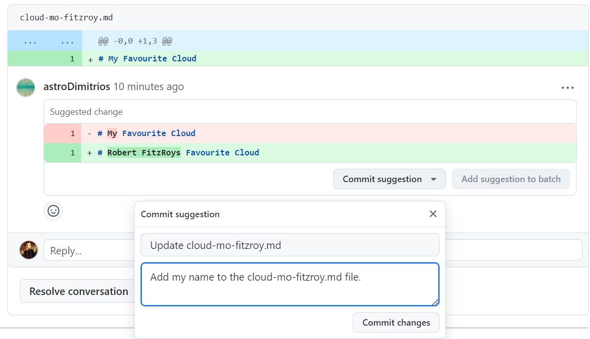 A screenshot of a PR showing the Conversation tab with a review that has requested changes.