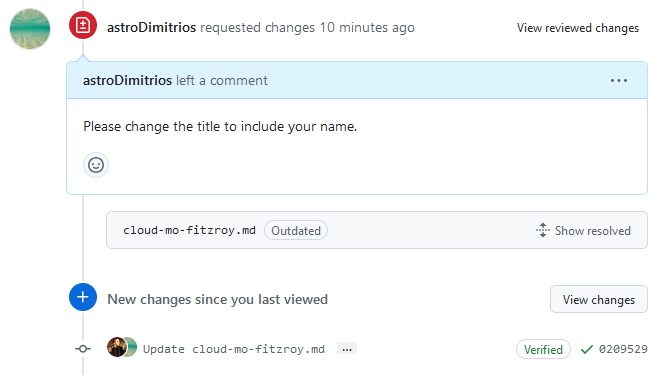 A screenshot of a PR showing the Conversation tab with a requested change that has been resolved.