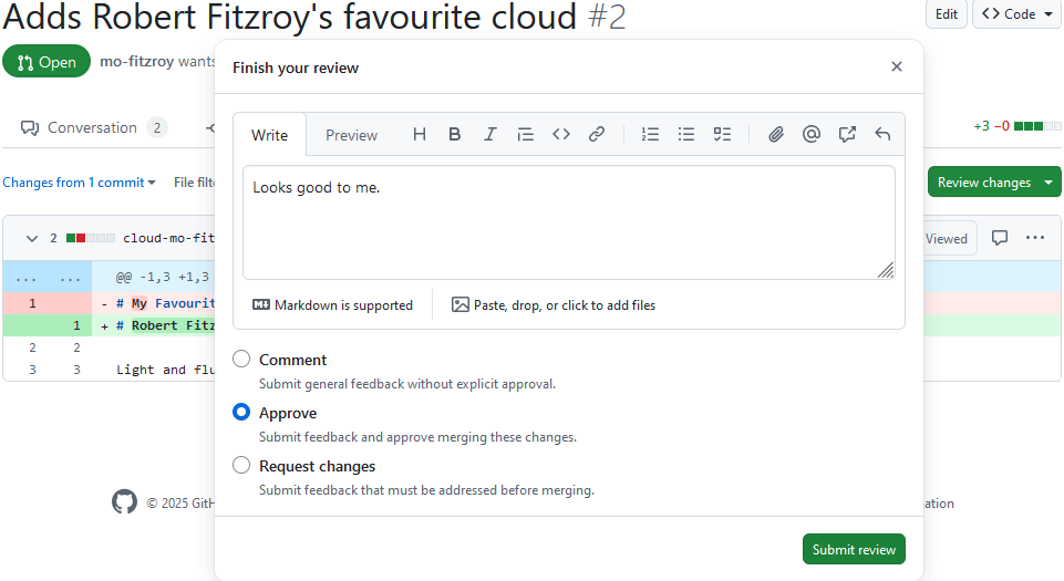 A screenshot of a PR showing the Files changed tab showing how to Approve a review.