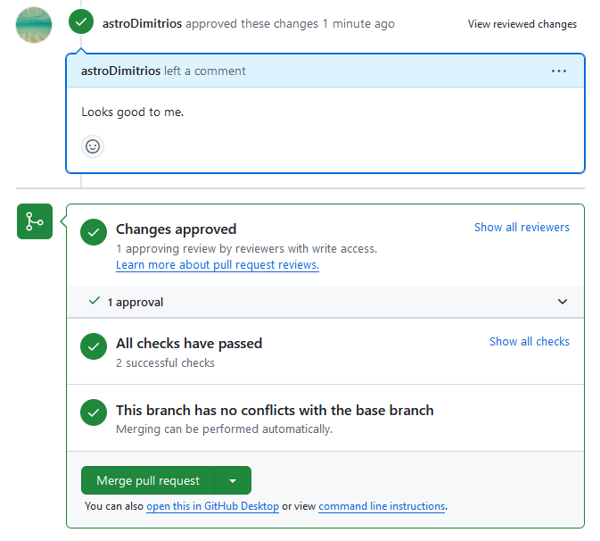 A screenshot of a PR showing the Conversations tab. The PR is ready to merge.