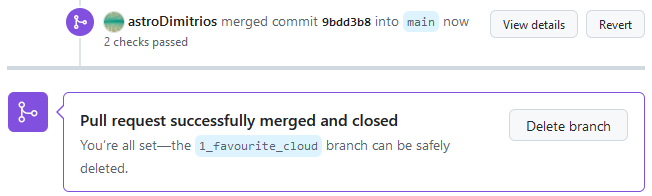 A screenshot of a PR showing the Conversations tab. The notification tells us our PR has been successfully merged and closed.