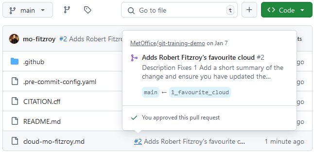 A screenshot of the weather repositories main Code tab showing the files in the main branch. The new shipping-forecast.md file can be seen with the commit message from the PR squash and merge commit that created it. The PR number, #4, link is being hovered over to display a popup with brief details of PR #4.