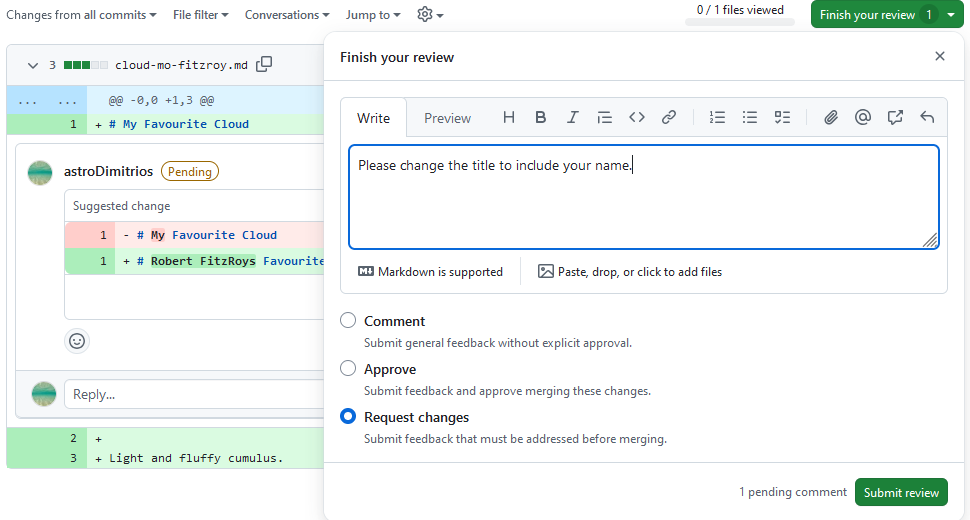 A screenshot of a PR showing the diff in the Files changed tab showing the review popup.