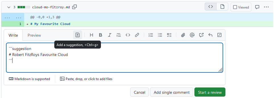 A screenshot of a PR showing the diff in the Files changed tab. A line has been highlighted to show how to add an inline comment with a suggestion.