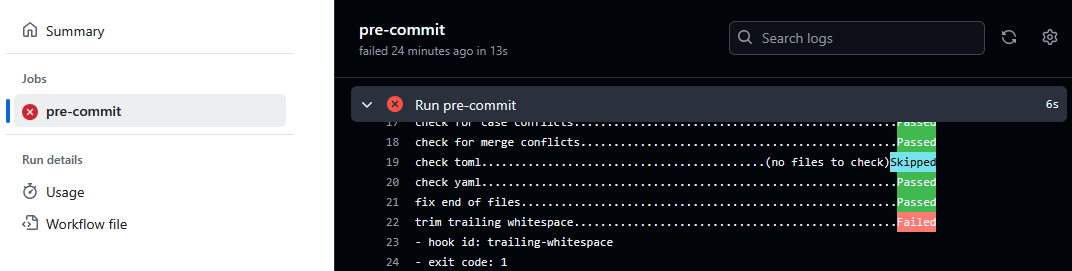 A screenshot of a users failing pre-commit check showing the whitespace test has failed.